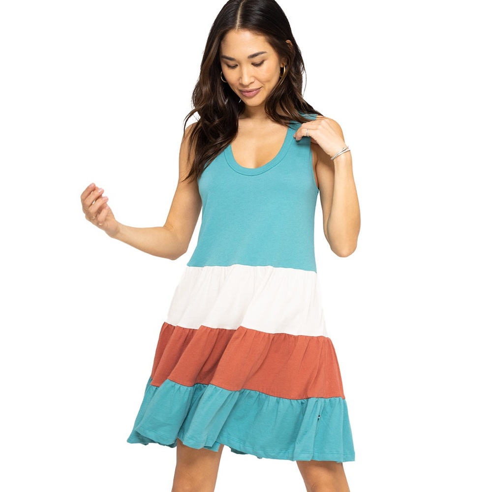 NWT Sol Angeles Teal and Rust Tiered Mini Dress M